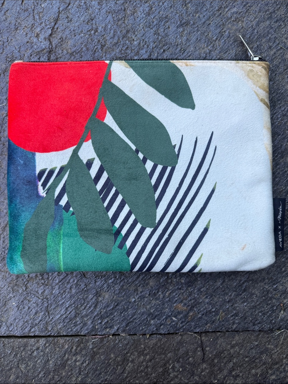 AVEDA Abstract Tropical Zip Pouch — Green, Gold, Pink, Red, Cream